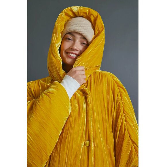 OOF WEAR Womens Velvet Puffer Bomber Jacket Sunflower Golden Yellow Anthro - Picture 5 of 13